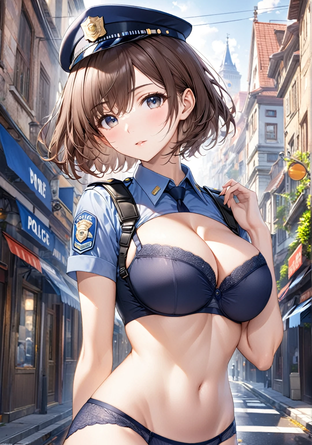 (Highest quality,8k,32K,masterpiece,Ultra-high resolution :1.2 ),born,One person,Super cute,Natural light,Clear, shining eyes,20-year-old,Fair skin,Fantasy background in the city,Police Officer,Upper body in underwear,bra,Large Breasts,Policewoman,Brown Hair,short hair