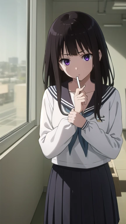 eruchitanda, eru chitanda, long hair, black hair, bangs, blunt bangs, (purple eyes:1.1), sidelocks, 
BREAK skirt, school uniform, serafuku, kamiyama high school uniform \(hyouka\), black skirt, long sleeves, black sailor collar,
BREAK indoors, classroom,
BREAK looking at viewer, (cowboy shot:1.5),
BREAK (masterpiece:1.2), best quality, high resolution, unity 8k wallpaper, (illustration:0.8), (beautiful detailed eyes:1.6), extremely detailed face, perfect lighting, extremely detailed CG, (perfect hands, perfect anatomy),(Smoking a cigarette:1.3),A displeased expression, glaring at me