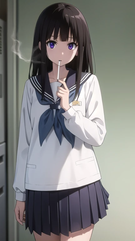 eruchitanda, eru chitanda, long hair, black hair, bangs, blunt bangs, (purple eyes:1.1), sidelocks,
BREAK skirt, school uniform, serafuku, kamiyama high school uniform \(hyouka\), black skirt, long sleeves, black sailor collar,
BREAK indoors, classroom,
BREAK looking at viewer, (cowboy shot:1.5),
BREAK (masterpiece:1.2), best quality, high resolution, unity 8k wallpaper, (illustration:0.8), (beautiful detailed eyes:1.6), extremely detailed face, perfect lighting, extremely detailed CG, (perfect hands, perfect anatomy),(Smoking a cigarette:1.3),A displeased expression, glaring at me
