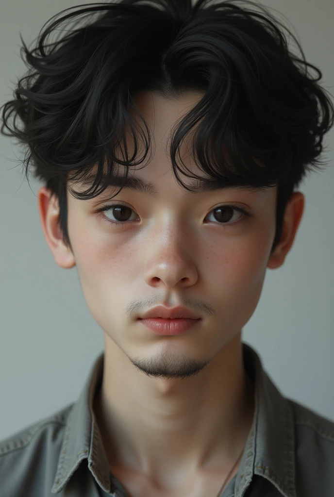 A boy with white skin tone... Little bit beard on his chin only... Age 20... Black eyes... Little skinny