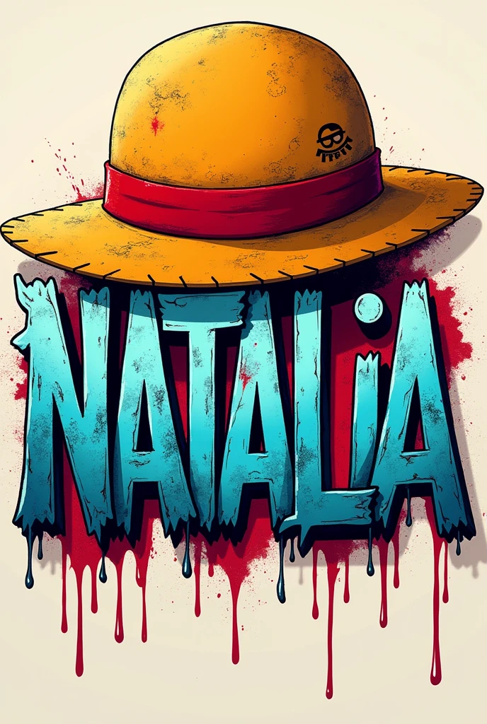Create the name Natalia in graffiti lettering with a One Piece Ace hat in the background.