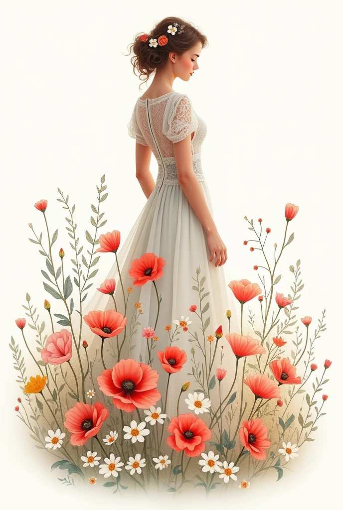  sketch of a dress with wildflowers on its fabric and lace 