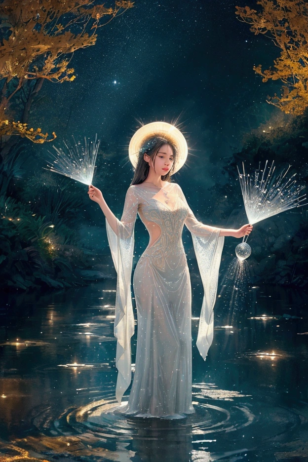 "Imagine a magical scene where droplets of water dance in the air under the moonlight. In this stunning animation, we feature a young woman holding a water bottle with holes in it, pointed toward the sky at night. As she squeezes the bottle, water flows out through the holes in a pattern resembling rays or an umbrella, creating glowing lines in the darkness. The backlight effect highlights the beauty of the water mist, which sparkles as bright golden circles filling the space. Each movement in the scene captures a unique magic, with an effect reminiscent of a blooming flower or an explosion of light and water."