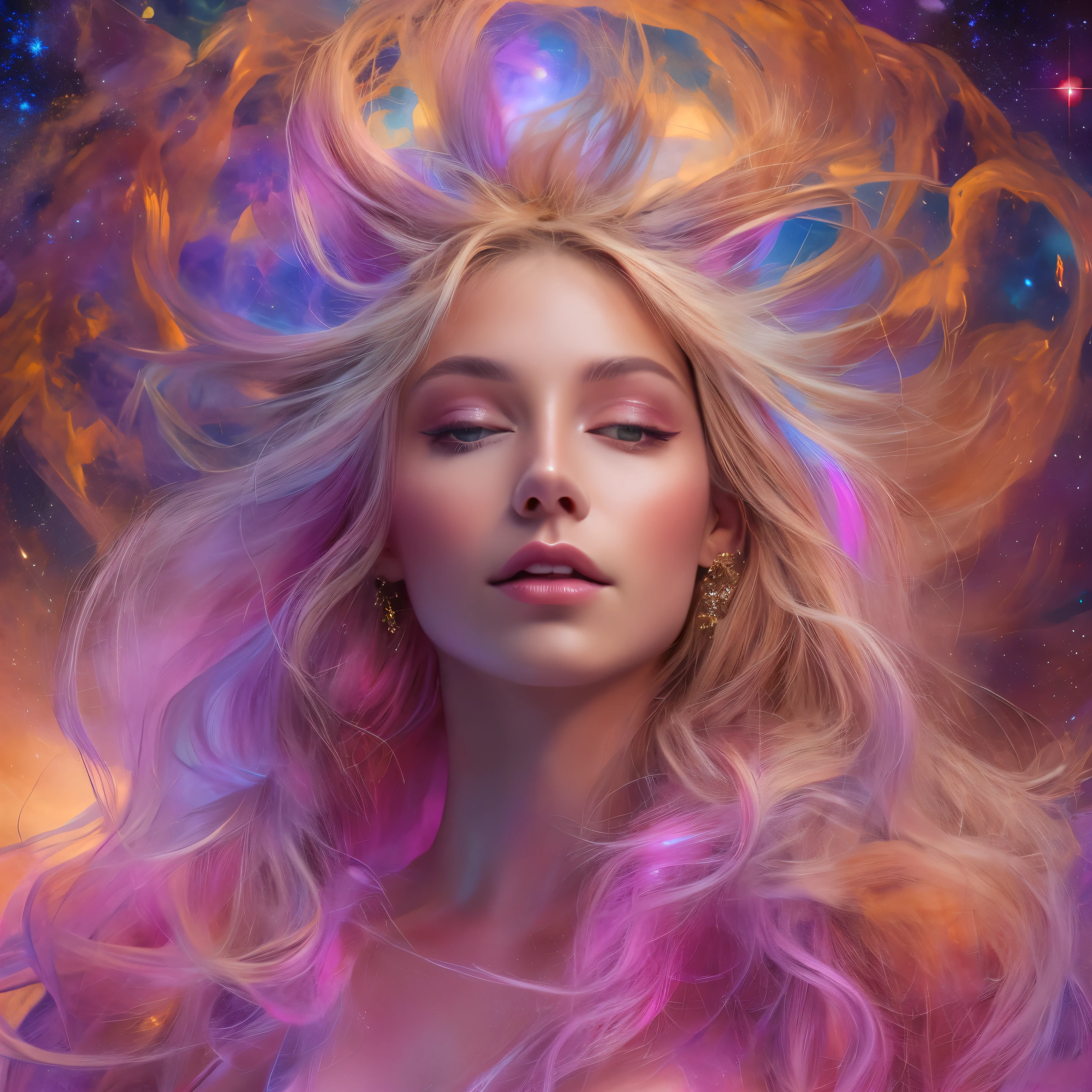 (highest quallity,high resolution,work of art:1.2),ultra detali,(realisitic,fotorrealisitic,fotorrealisitic:1.37)(goddess of cosmic love:1.1,comely:1.1,corpo astral:1.1),divine goddess,beleza celestial,supernatural presence,spectacular cosmic entity,majestic celestial being,Dazzling aura,ethereal glow,Transcendent Elegance,(light energy:1.1),(immortal deity:1.2),Heavenly Grace,Mystical costume,serene expression,flowing golden hair,(glare eyes:1.1),(ethereal beauty:1.1),magnificent heavenly kingdom,Divine Love and Compassion,colorful nebulae dancing in the background,glowing particles of stardust floating around you,galaxies swirling around him as his divine power expands,infinite space that extends far beyond the horizon,magic suggestion(magic glow:1.1),cosmic rays bathing the scene in a heavenly glow,(vibrant hues:1.1),(cosmic colors:1.1),calming color palette,evoking feelings of peace and tranquility,majestic divine presence that fills the entire universe,magical atmosphere,(delicate details:1.1),fine brush strokes creating complex patterns,(ethereal features:1.1),(dreamlike features:1.1),highly detailed rendering of its celestial features,subtle gradients giving depth to the image,meticulously crafted textures that bring it to life,retrato impecavelmente realisitic,(awesome definition:1.1),(Stunning realism:1.1),immaculate attention to detail, because every hair is visible,(Flawless photorealism:1.1),(Ultra-detailed illustration:1.1),(masterpiece of art:1.1),perfectly composed composition with balanced lighting and shadows,soft lighting, but vibrant, highlighting its divine beauty,magical glow emanating from his celestial body,subtle highlights and shadows adding depth and dimension,(sublime luminosity:1.1),(ethereal lighting:1.1),(radiant glow:1.1),(harmonious lighting:1.1)