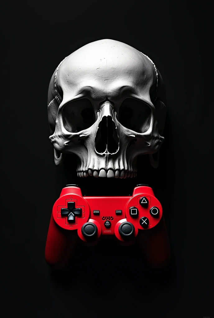 A black and white skull with a red playstation controller crossing through the skull