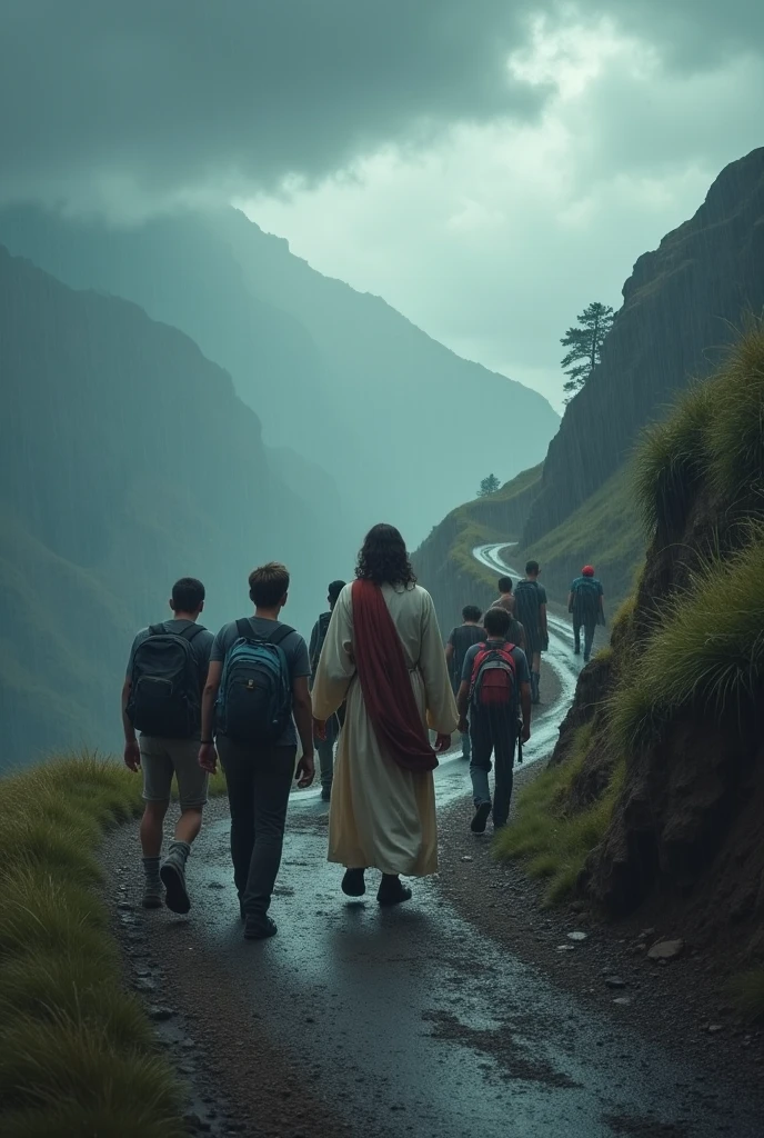 in the front traditional bible JESUS leading in the front Modern Male black Friends ALL FACING THEIR BACK on hiking in adventurous Challenging road journey in a rainstorm and lightening uphill . ALL FACING THEIR BACK