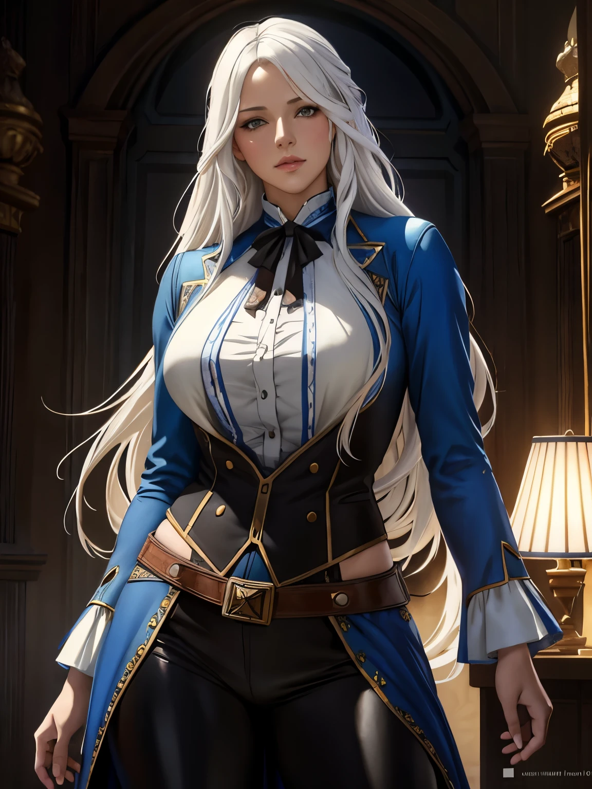 hyperrealistic female character art by david hockney and alphonse mucha, fantasy art, realistic art, dynamic lighting, artstation, volumetric lighting, very detailed faces, 8 k,full HD, award-winning,, 1girl, in the dark, deep shadow, discreet, cowboy shot, (official outfit: 1.4), long hair, white hair, hair with black lights
