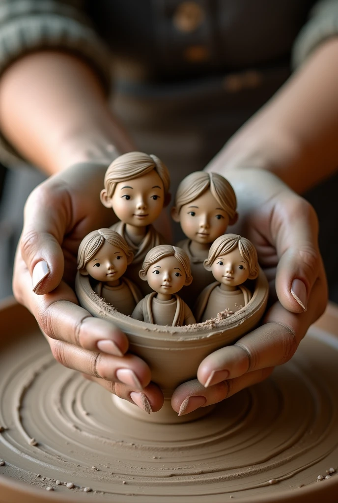 Draw the hands of a potter full of clay, finished forming a clay family, The family should have a realistic face, and the image should suggest that they are a family that is being formed with clay by the potter's hands 