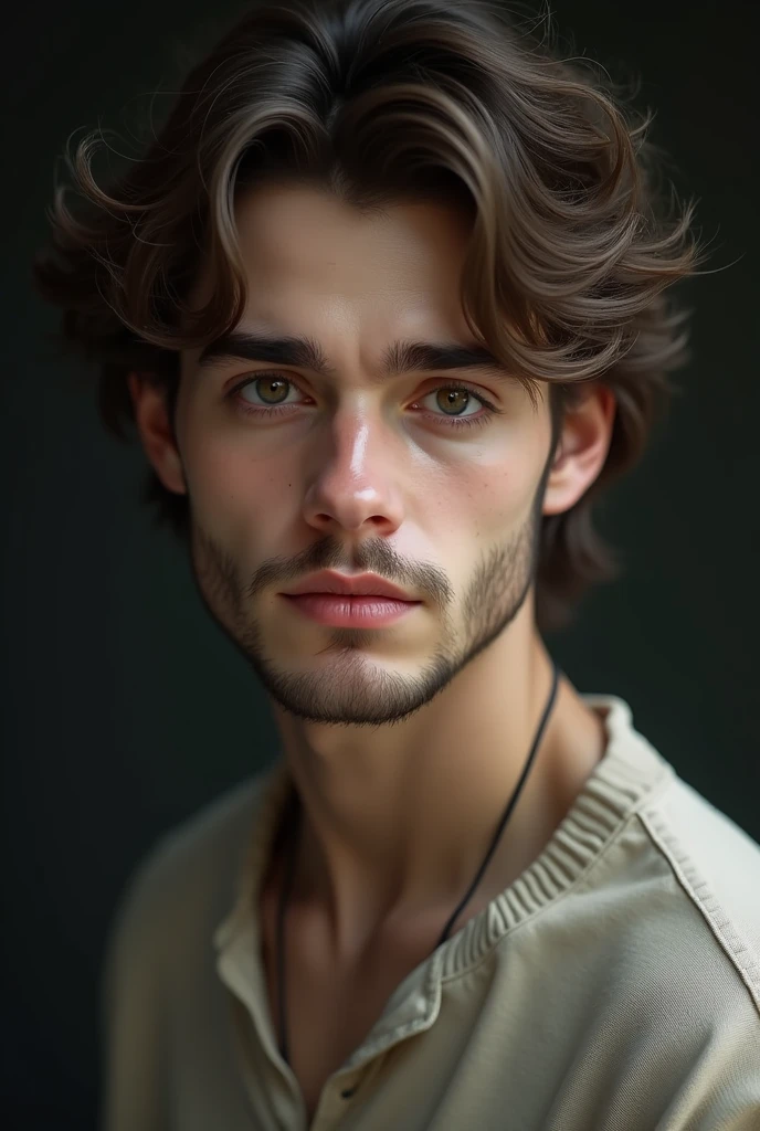 A boy with white skin tone... Little bit beard on his chin only... Age 20... Black eyes... Little skinny... European