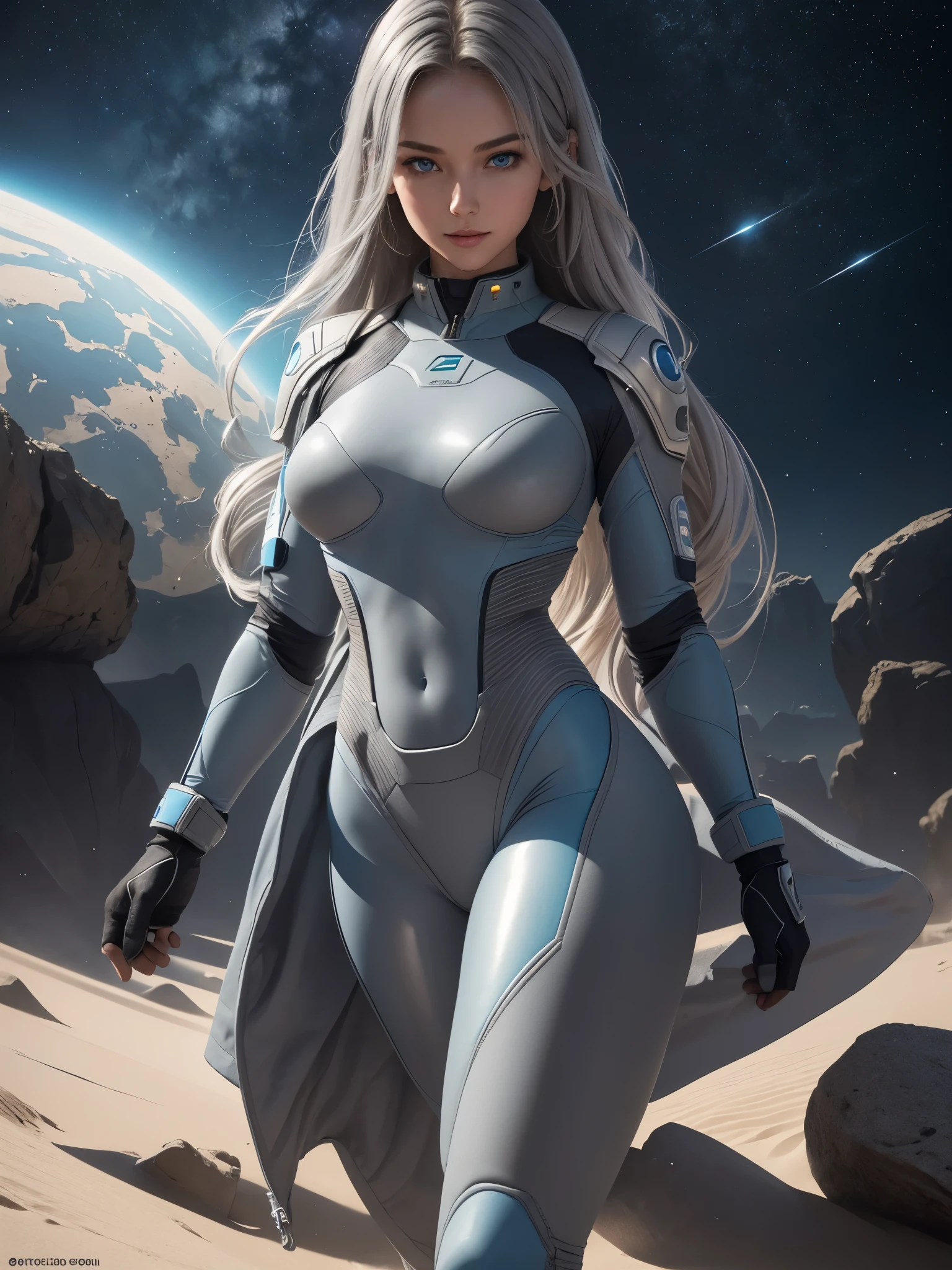 highly detailed, 8k resolution, masterpiece, one girl, long_Blue_hair(Full figure:1.2), (nine heads and bodies:2.0), (thin hips), (thin and long legs: 2.0), (pumps:1.2), Glossy leather, 25 years, cute sexy beautiful face, pink lips, parted lips, ( Hair parted to one side:1.5), High Light, light blue eyes, SEXY FACE, sexy cute young woman, ( tight gray space suit :1.3), (complex parts: 1.2), Almond eye, (detailed face), Beautiful smile, My cheeks turned red, firm breasts, slim body shape, athletic waist, athletic toned butt, Beautiful hands, athletic shoulders, look at the audience, a woman poses for a photo, standing facing forward, composition, depicting a line from the knees to the head., Sand dunes, light breaking through dust, planet Araxis, add sci-fi, spaceship in background, Sand dunes, interesting background details, rocks