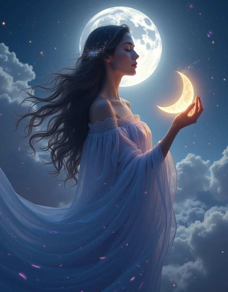 (Goddess of Sleep:1.4), (masterpiece:1.4, best quality),(( (photo realistic:1.4))), ethereal and serene appearance, embodying the peacefulness and mystery of sleep, dressed in flowing, soft, and shimmering robes that resemble a starry night sky, adorned with subtle lunar and star motifs, (hair like gentle waves of dark mist, sparkling with tiny stars:1.2), (eyes closed or half-lidded, radiating calm and tranquility:1.2), cradling a glowing crescent moon or holding a staff that emits a soft, soothing light, surrounded by drifting clouds, falling stardust, and floating dreamlike shapes, (background of a peaceful, twilight landscape with a full moon, twinkling stars, and soft, rolling clouds:1.2), (soft, dim lighting that creates an aura of comfort and restfulness:1.2), (graceful, relaxed pose that conveys her dominion over the realm of sleep:1.2), rich textures, muted and soothing colors, (deep blues:1.2), (soft purples:1.2), (silver and gold accents:1.2), (dynamic composition with flowing lines and a sense of quiet and stillness:1.2), high-quality and detailed, (awe-inspiring and comforting atmosphere:1.2), calming and enchanting, perfect image quality, symbolizing sleep, dreams, and peaceful rest, captivating and serene presence