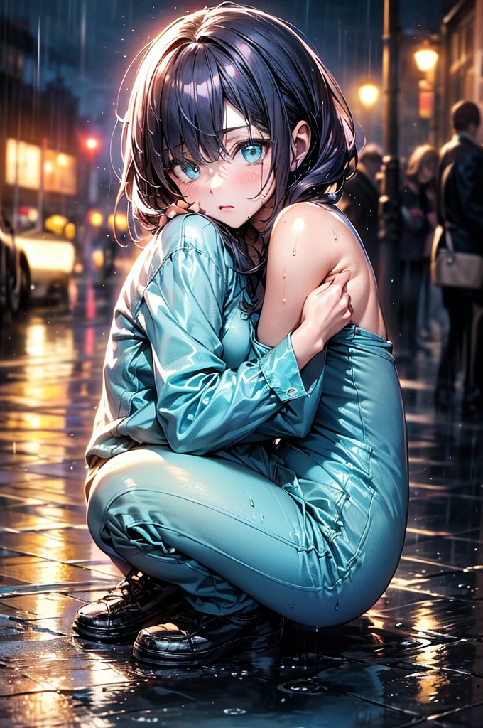 (amazing detail, amazing eyes masterpiece, best quality:2.0, depth of field hdr 8k 4k wallpaper cinematic angle, cinematic lighting:1.5), (master quality, amazing detail, amazing eyes), 1girl, out at night in the pouring rain wearing nothing but her teal-coloured pyjama top, pyjama top is coloured teal, extremely detailed purple eyes, depressed expression, extreme detail, sat on the ground with her knees up, cuddling her knees, short purple hair, 17-year-old, young woman, outside, very small B-cup breasts, lots of raindrops, heavy rain, soaking wet, sat cradled on the ground, huddled, dark, very dark night, only light source is a street light, naked, teal clothing, pavement, sidewalk, dull light, sitting on her bum, bum on the ground, knees up in front of her,