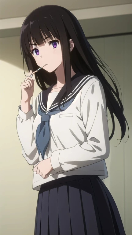 eruchitanda, eru chitanda, long hair, black hair, bangs, blunt bangs, (purple eyes:1.1), sidelocks,
BREAK skirt, school uniform, serafuku, kamiyama high school uniform \(hyouka\), black skirt, long sleeves, black sailor collar,
BREAK indoors, classroom,
BREAK looking at viewer, (cowboy shot:1.5),
BREAK (masterpiece:1.2), best quality, high resolution, unity 8k wallpaper, (illustration:0.8), (beautiful detailed eyes:1.6), extremely detailed face, perfect lighting, extremely detailed CG, (perfect hands, perfect anatomy),(Smoking a cigarette:1.5),A displeased expression, glaring at me