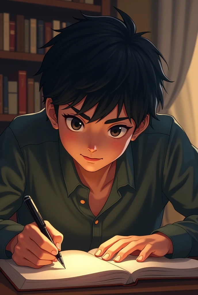 Dark-haired male writer writing a story Short hair and young