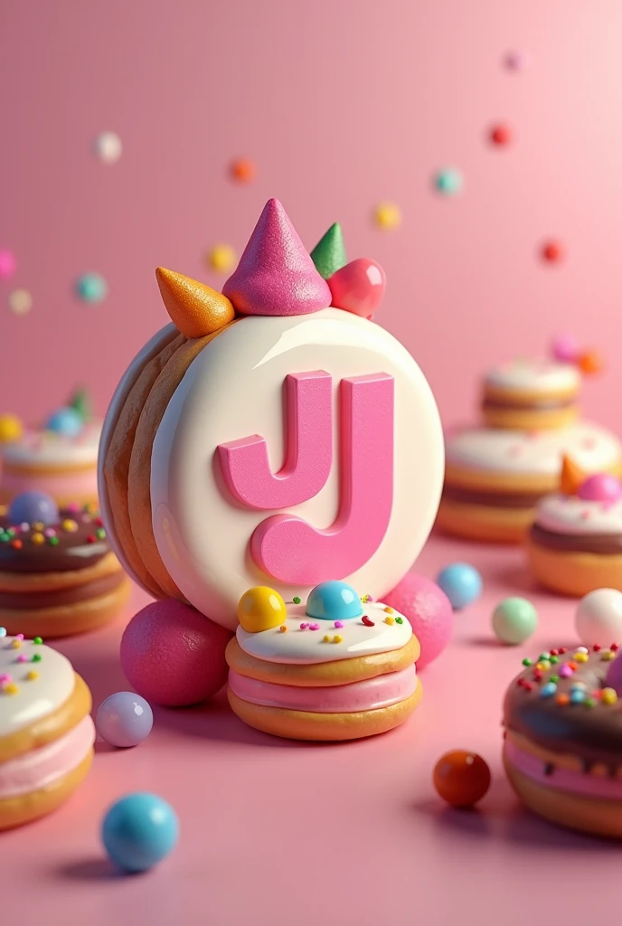 Create an image, with the JJ gordices logo , put some small sweets in the picture, cake, candies and donuts