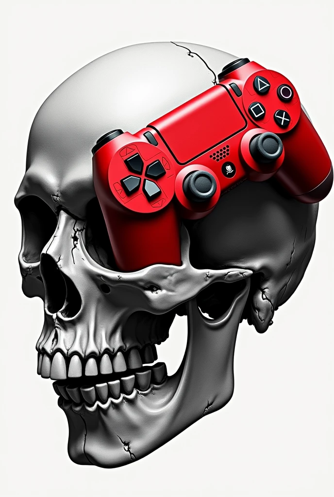 A black and white skull with a red playstation controller crossing the skull in the brain region