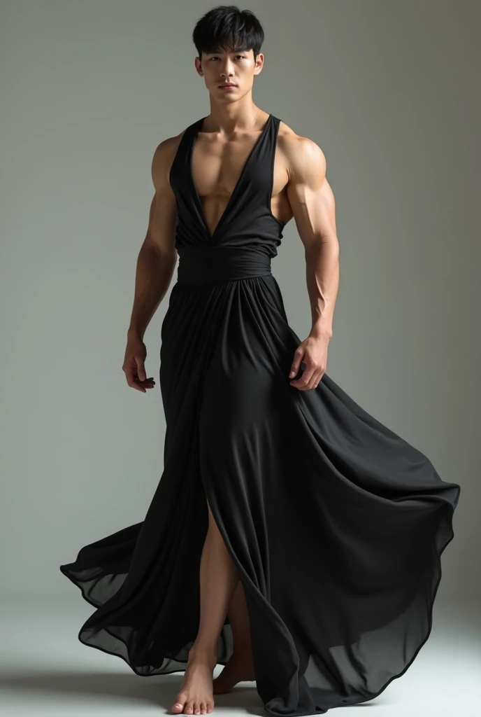 Korean mid-buff man wearing short silk black dress