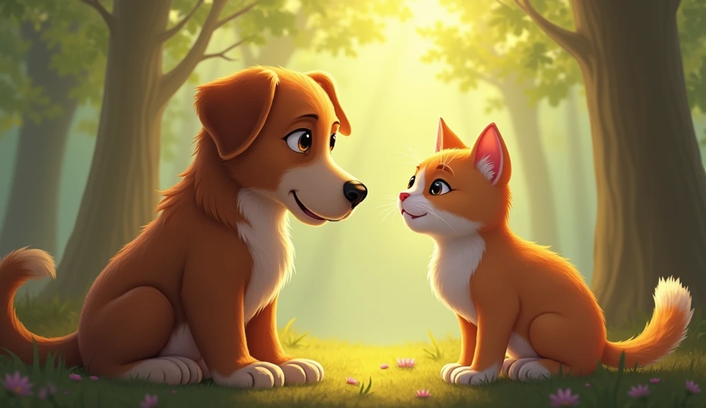 The dog and cat are sitting close together, with the dog leaning in to listen as the cat explains its situation. The background shows the forest with soft lighting, emphasizing the warmth of their interaction
