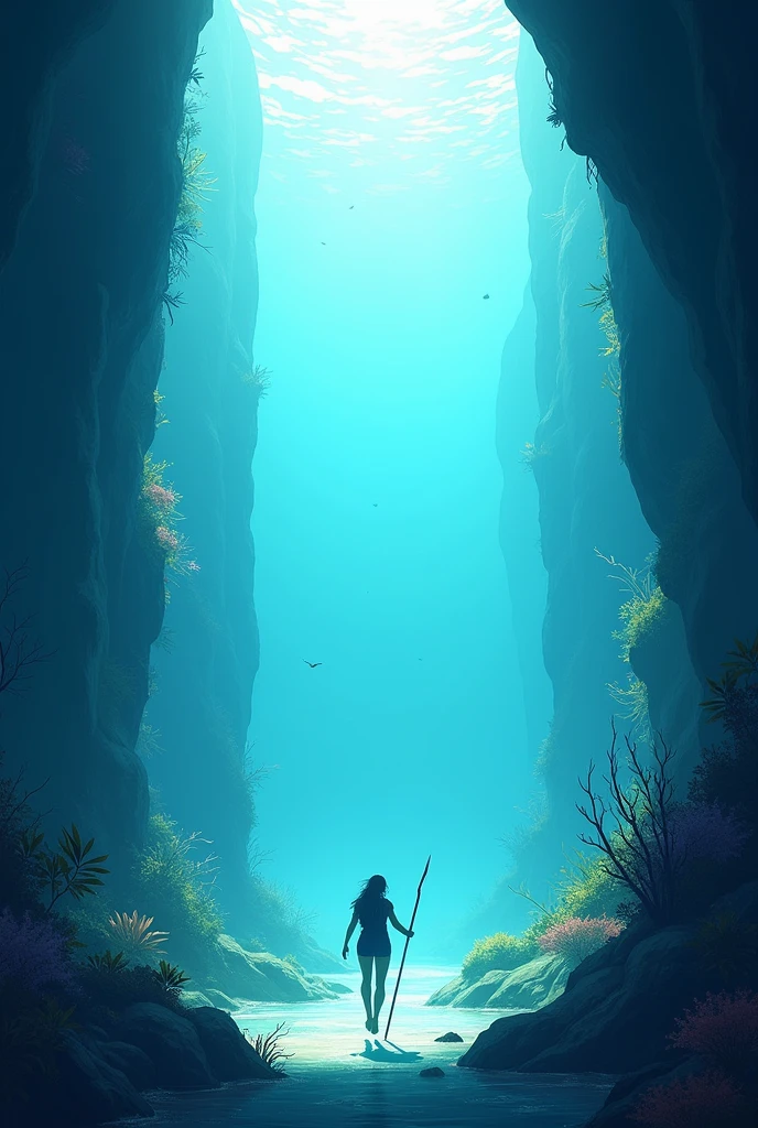 Create a rectangular image of an underwater cave. Leave more empty space in the center. Make the entrance wide. Place underwater plants to the side of the cave entrance. Make it bright. More empty space in the center where a human person will be seen swimming upwards with a harpoon in their right hand