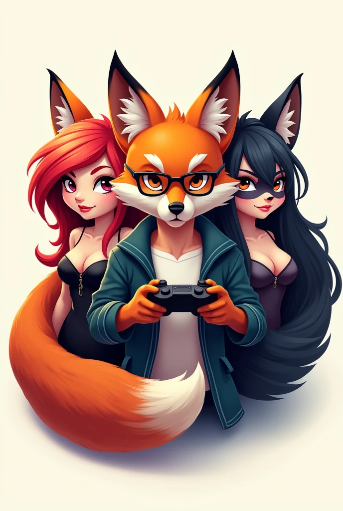 A logo with a sexy female fox with red hair on the left, A strong male fox wearing glasses in the middle holding a video game controller, A sexy female fox on the right with darker fur.
