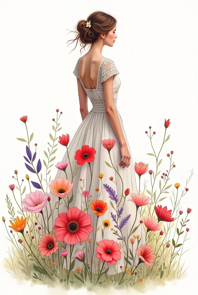  sketch of a dress with wild flowers printed on its fabric 