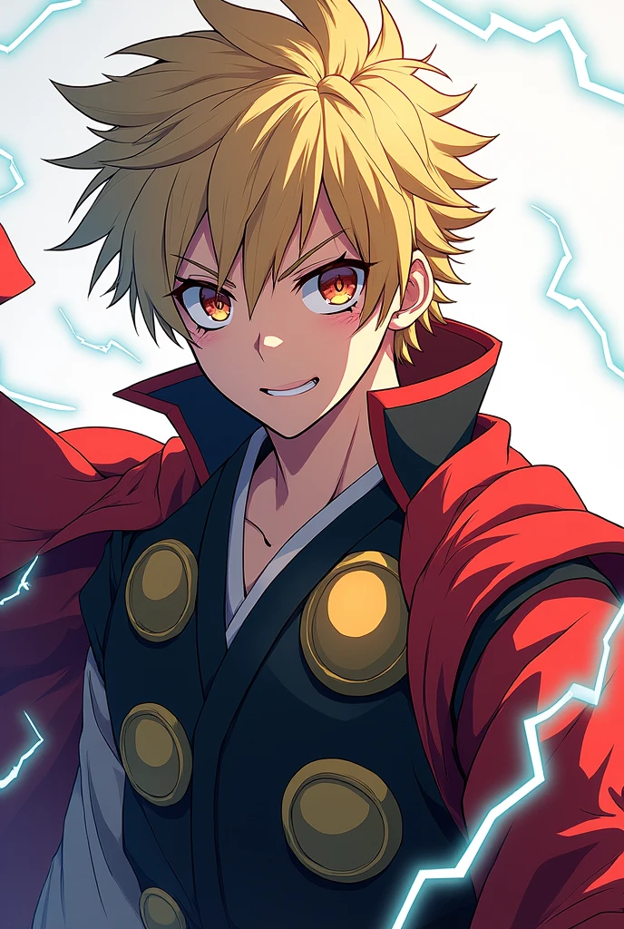 please make a picture of an anime style version of Thor with spiky hair or a common shonen protagonist hairstyle and an outfit similar to the body of the demons from kimetsu no yaiba or a japanese outfit, um haori, without iron parts, just the fabric with colors that resemble the character's electricity powers based on Zenitsu's appearance, with short hair but not too short