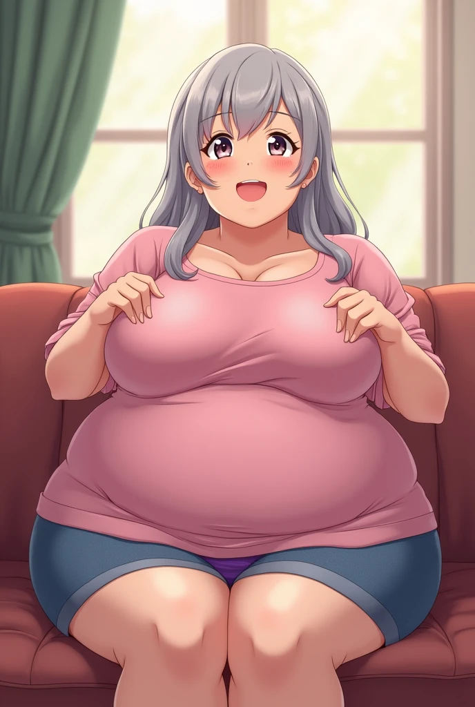 mature female, forehead, milf, motherly, inviting, huge breasts, wide hips xxl, massive breasts xxl, curvy, chubby, soft, ssbbw, 1girl, solo, grey hair, oversized loose pink shirt, loose blue skirt, exposing purple panties, knees spread wide apart, sofa, indoors, anime art style