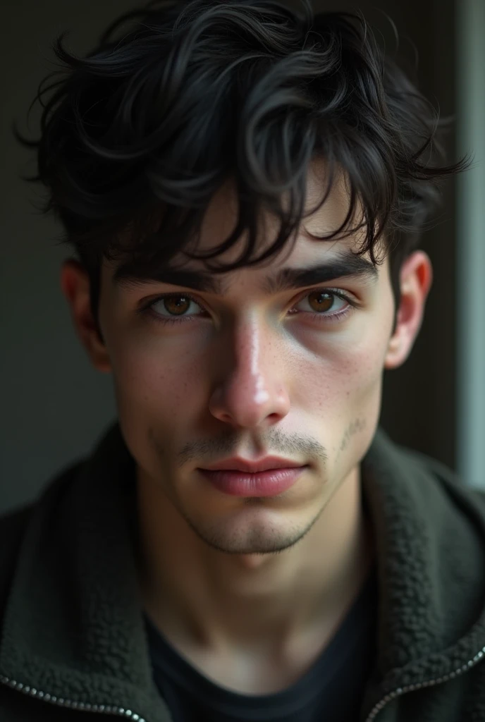 A boy with white skin tone... Little bit beard on his chin only... Age 19... Black eyes... Little skinny... European.. black and small hair... 