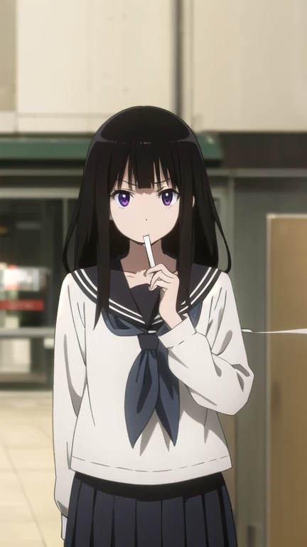 eruchitanda, eru chitanda, long hair, black hair, bangs, blunt bangs, (purple eyes:1.1), sidelocks, 
BREAK skirt, school uniform, serafuku, kamiyama high school uniform \(hyouka\), black skirt, long sleeves, black sailor collar,
BREAK indoors, classroom,
BREAK looking at viewer, (cowboy shot:1.5),
BREAK (masterpiece:1.2), best quality, high resolution, unity 8k wallpaper, (illustration:0.8), (beautiful detailed eyes:1.6), extremely detailed face, perfect lighting, extremely detailed CG, (perfect hands, perfect anatomy),(Smoking a cigarette:1.5),A displeased expression, glaring at me