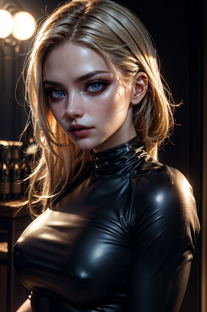 cowboy shot,a pretty 21 year old girl,blond hair,blue eyes,lora_Emma,slim athletic body,tight and stretched white blouse with buttons,button gap,short sleeves,pokies,black leather pants,metal belt,empty studio,(best quality,4k,8k,highres,masterpiece:1.2),ultra-detailed,(realistic,photorealistic,photo-realistic:1.37),dramatic lighting,cinematic,fashion photography,studio lighting,high contrast,vivid colors,beautiful detailed eyes,beautiful detailed lips,extremely detailed eyes and face,long eyelashes, touching hair