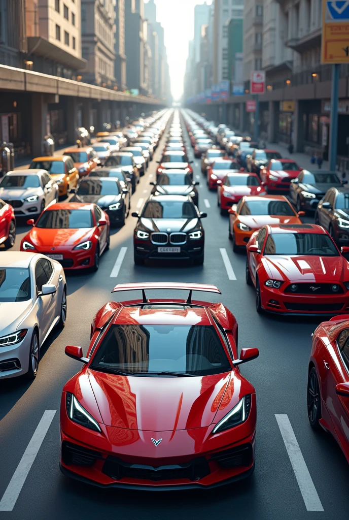 une vue de devant, plein de voiture qui arrive , tout type de voiture , une route, voiture avec des couleur divers