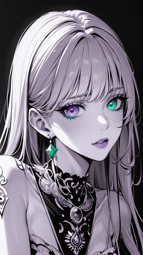 (monochrome:1.4), only eyes and lips in color, face focus, best quality, super fine, 16k, incredibly absurdres, extremely detailed, delicate and dynamic, cool and beautiful pretty woman, silver messy hair, (heterochromia, emerald green eye, purple eye), brightly colored tattoos on the neck, necklaces, chokers, earrings and accessories, glossy red lips, portrait