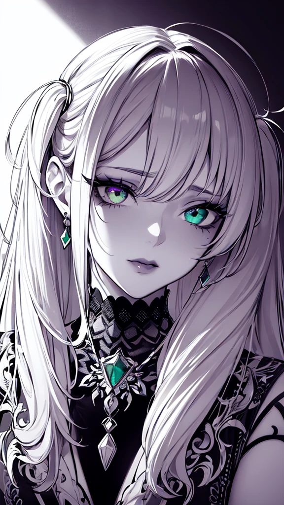 (monochrome:1.4), only eyes and lips in color, face focus, best quality, super fine, 16k, incredibly absurdres, extremely detailed, delicate and dynamic, cool and beautiful pretty woman, silver messy hair, (heterochromia, emerald green eye, purple eye), brightly colored tattoos on the neck, necklaces, chokers, earrings and accessories, glossy red lips, portrait