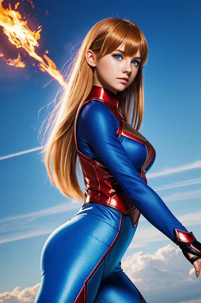 Create the image of a female super hero, in blue tights with red and black high lights. this girl should be of small build, flying with a aura of fire about her. she should have hip length Golden blonde hair with anime style bangs, almond shaped blue eyes, her eyes should be large like an anime character, but in a realistic fashion. This image should highlight a sharp focus, rendered in ultra high definition using recursive ray tracing.