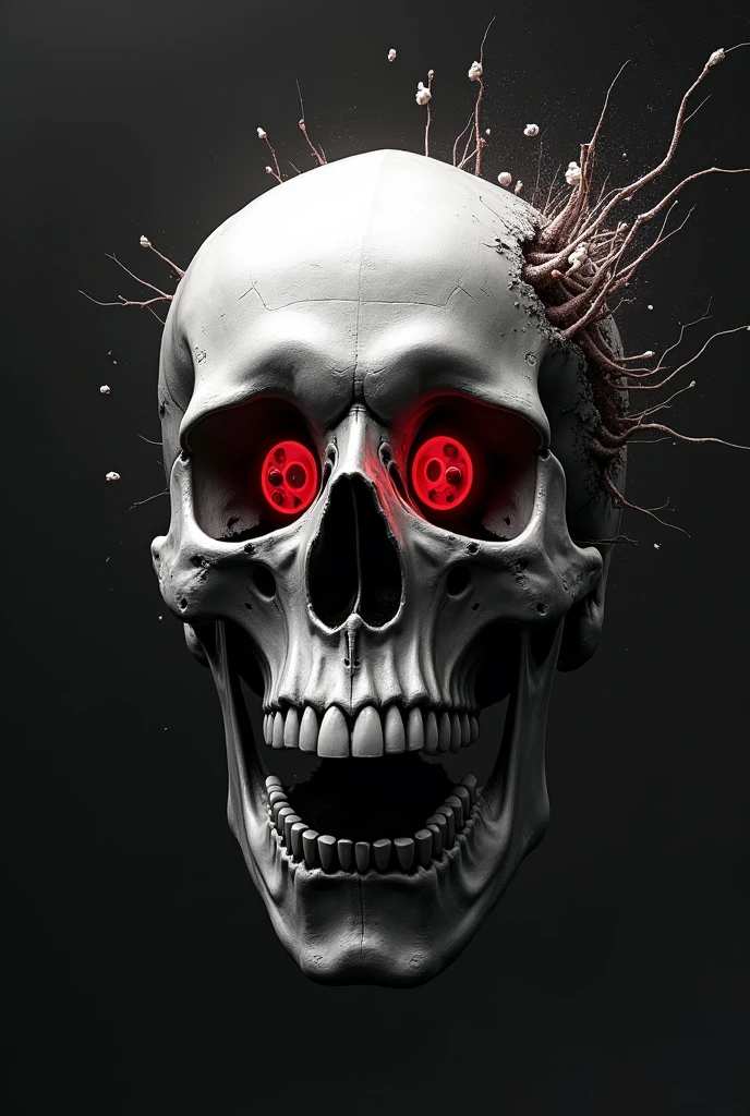 A black and white skull with a red Playstation controller breaking through the skull in the brain region