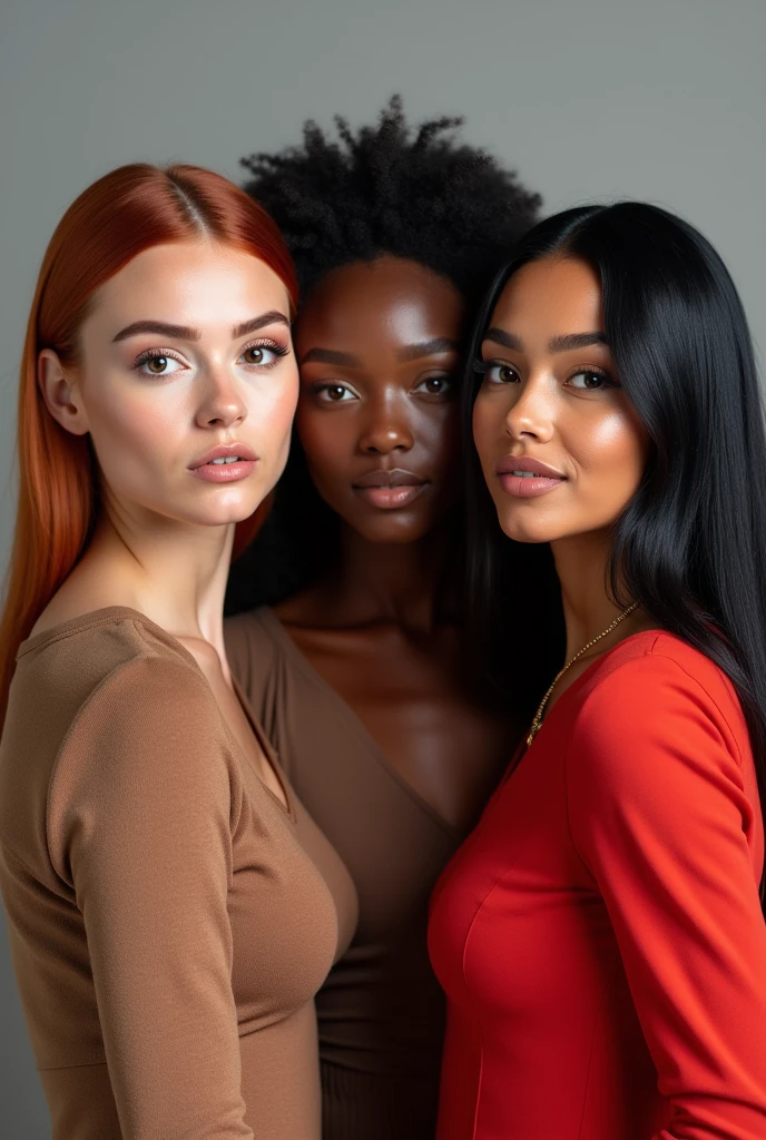 3 girls one redhead, eyes browns, a black woman and a white woman with long straight black hair in a photo studio 