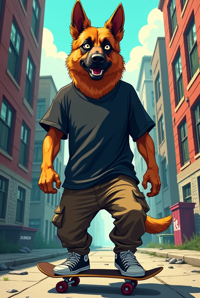 German Shepherd dog human, wearing baggy skater clothes in gangster style, skateboarding, evil face and scar on the eye, artwork style: cartoon