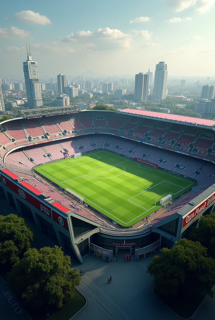 A small realistic football stadium, with a capacity of ten thousand spectators, for a team called "San Pilines FC"