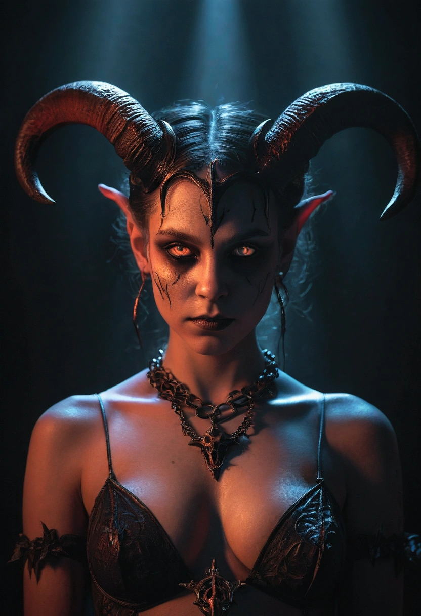 Topless, ten  girl with horns, demonic, glowing eyes, baphomet, dark fantasy, dark art, occult, gothic, chiaroscuro lighting, cinematic, dramatic, high contrast, moody, deep shadows, saturated colors, dramatic pose, hyperrealistic, octane render, concept art, 8k, detailed face and body, intricate details, dramatic lighting, atmospheric, cinematic composition