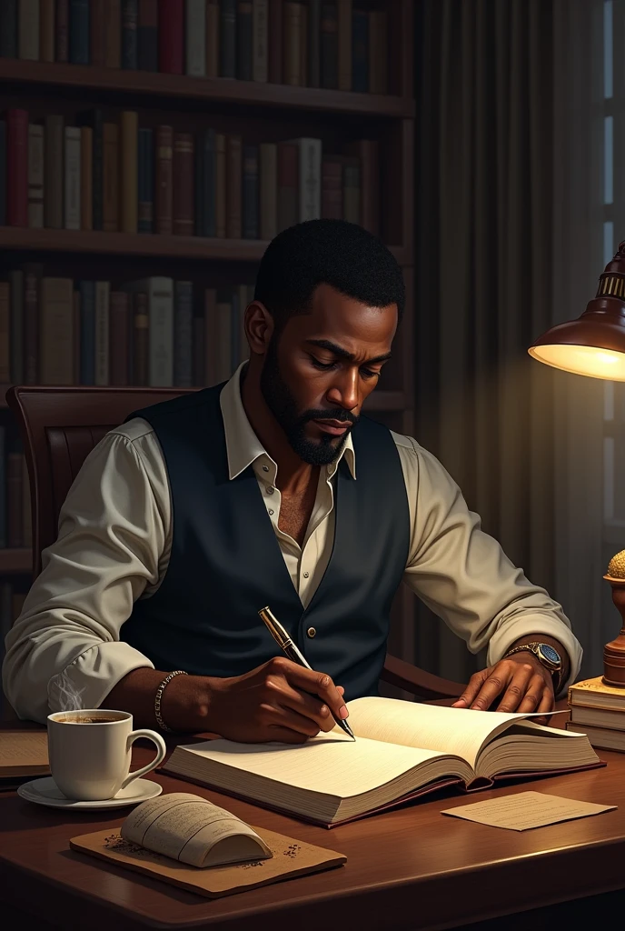 A dark-skinned male writer writing a story 
