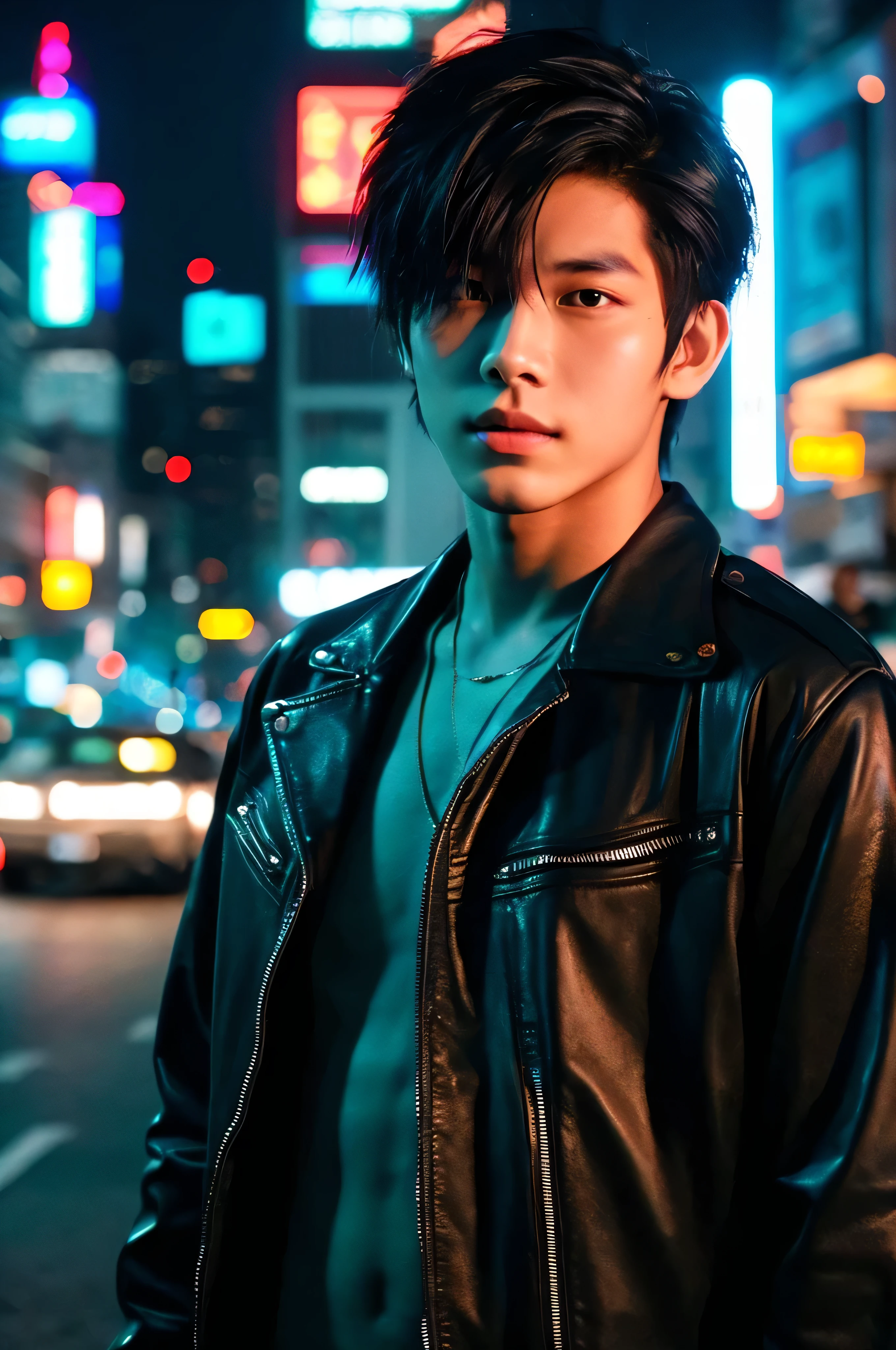 Werewolf, Thai BL actor, 18 years old, very handsome., My hair is very short and has an undercut., black jacket, Futuristic neon cyberpunk city