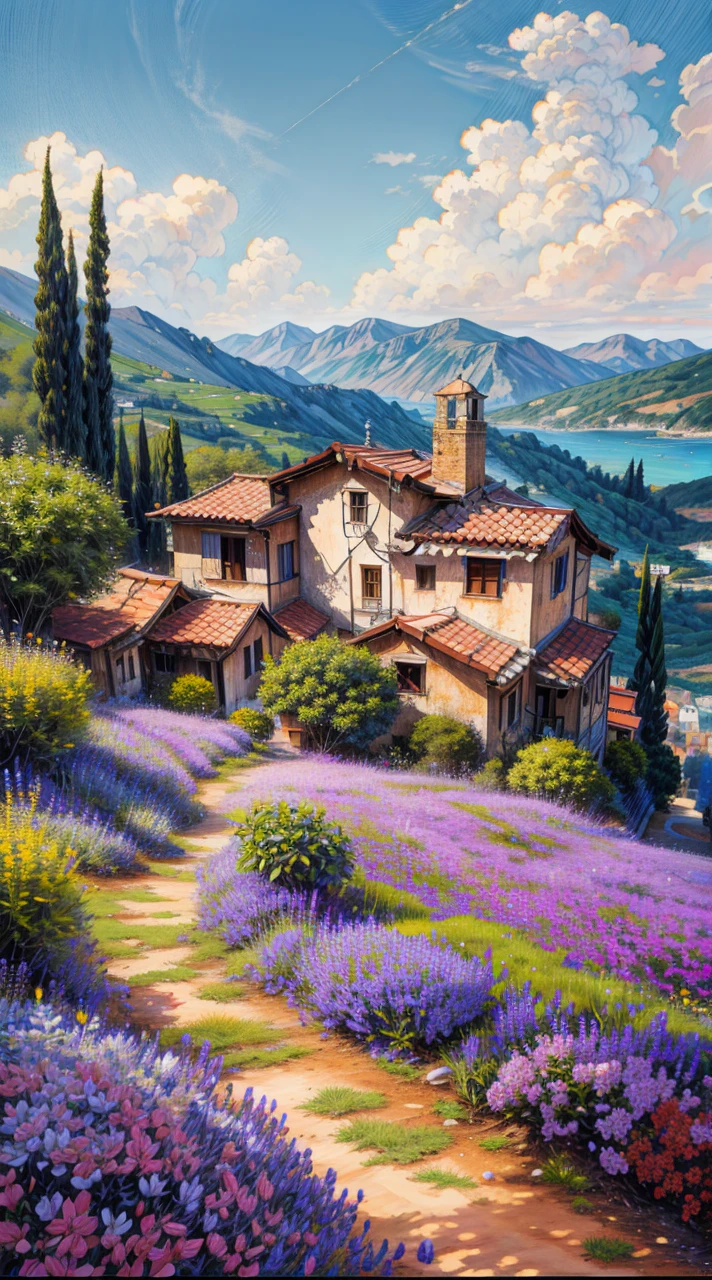 a painting of a narrow street with potted flowers, by Frances Jetter, greek art, by Demetrios Farmakopoulos, narrow street, ancient mediterranean village, greece, colorful landscape painting, gorgeous painting, architectural painting, vibrant gouache painting scenery, colorfull painting, colorful painting, mediterranean fisher village, beautiful painting, narrow streets, art painting, vibrant painting, greek architecture, 4k hd,, beautiful art uhd 4 k, a beautiful artwork illustration, beautiful digital painting, highly detailed digital painting, beautiful digital artwork, detailed painting 4 k, very detailed digital painting, rich picturesque colors, gorgeous digital painting