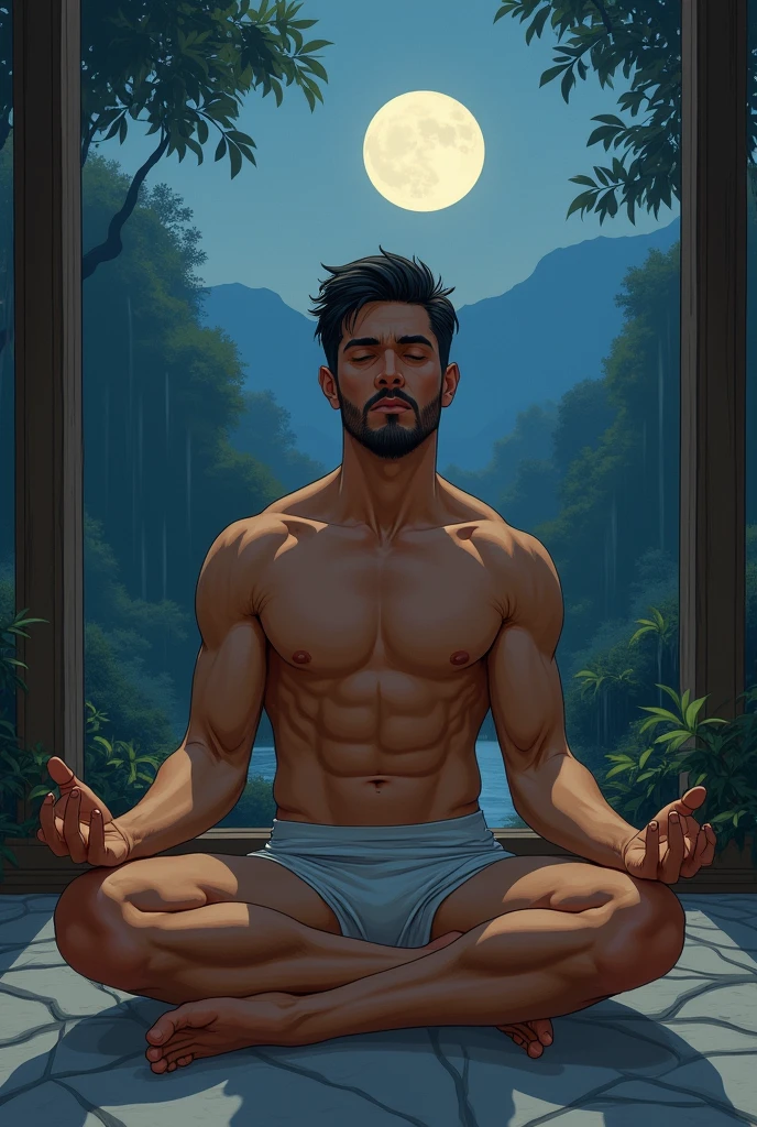 illustration that evoke stoicism men from 25 years old, shirtless, barefoot, strong, slim body Importance of Reason Style: Scientific realism, with a focus on detail and precision. Color palette: Cool, neutral tones (navy blue, gray, white) to convey clarity and objectivity. Expression: A concentrated and determined gaze, brow slightly furrowed in thought. Setting: A young strong handsomen cinnamon sking, man meditading background you can see a see a window to see the jungle in the night, full moon, river, mountain rain, thonders