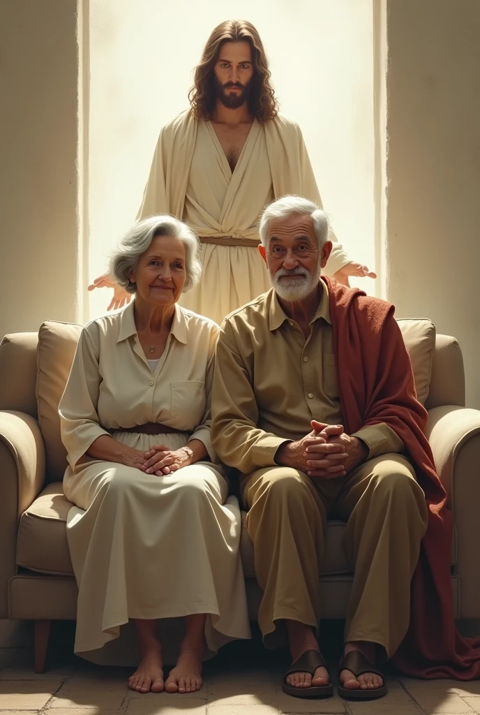 Image of an elderly couple sitting on a small sofa, while Jesus Christ is behind them 