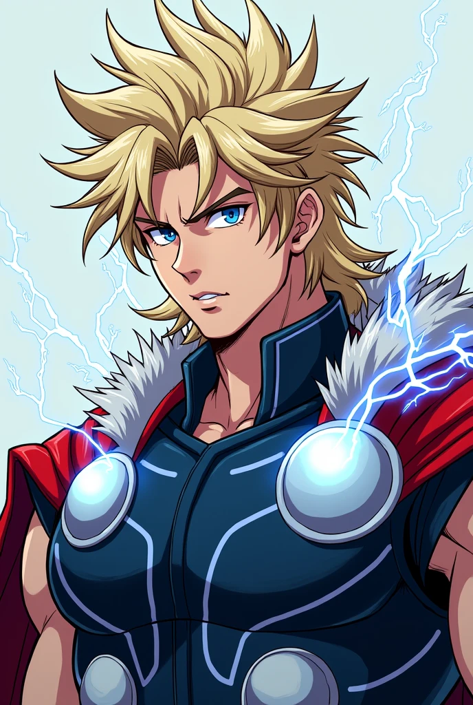 please make a picture of an anime style version of Thor with spiky hair or a common shonen protagonist hairstyle and an outfit similar to the body of the demons from kimetsu no yaiba or a japanese outfit, um haori, without iron parts, just the fabric with colors that resemble the character's electricity powers based on Zenitsu's appearance,