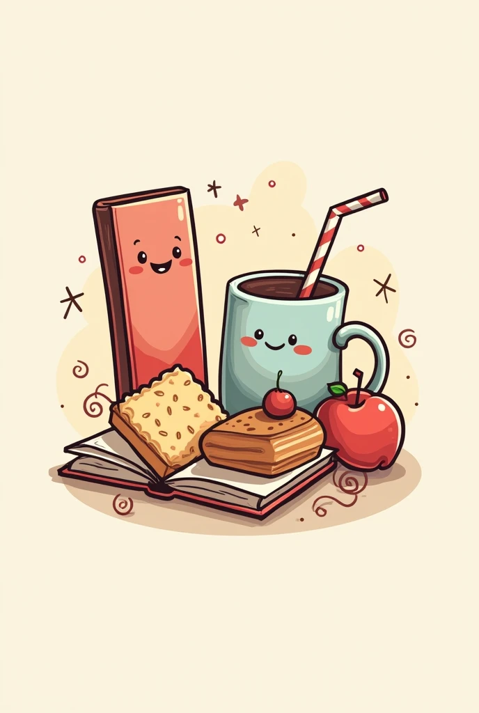 Create a logo with a bookmark, a snack and a drink