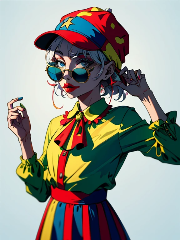 a clown in a sunglasses cap and cold blouse