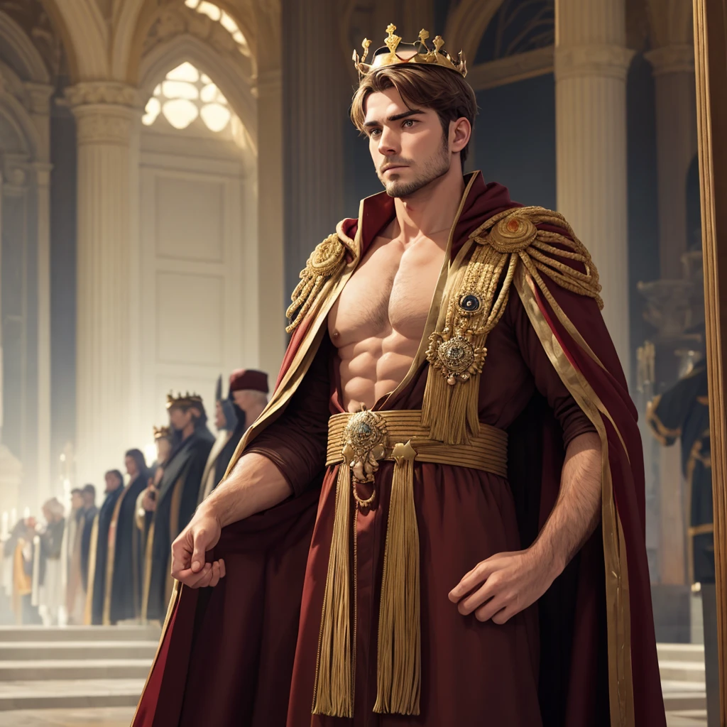 Create an image of a man in male anatomy without a face, with blurred face, without showing anything on the face, SMOOTH FACE, and with a king's crown and the robes of high nobility, well muscled to put on display in my portfolio.