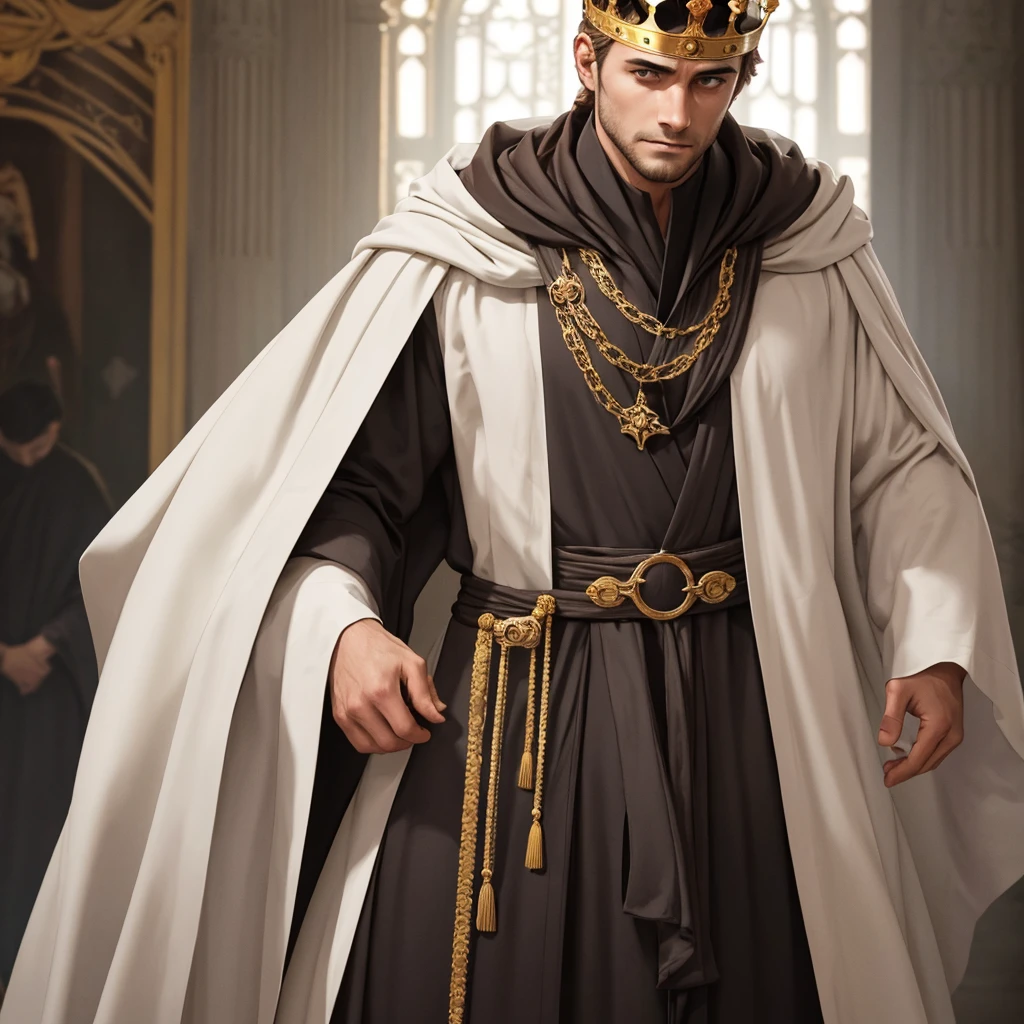 Create an image of a man in male anatomy without a face, with blurred face, without showing anything on the face, SMOOTH FACE, and with a king's crown and the robes of high nobility, well muscled to put on display in my portfolio.