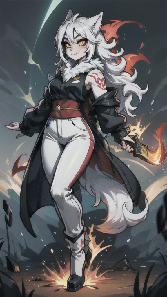 green disc, flaming disc, fire disc, wolf girl ,white body/fur, red markings/tattoo, black sclera, yellow eyes, ((((sfw)))), white tunic, white pants, smile, goddess,